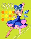  1girl absurdres arm_up blue_eyes blue_hair bow cirno dated dress hair_bow highres ice ice_wings karasumi_(susyounoame) one_eye_closed open_mouth ribbon short_hair smile solo touhou wings 
