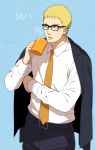  1boy blonde_hair blue_eyes business_suit cup dated glasses_day hal_(sakurajam) mug naruto necktie short_hair solo uzumaki_naruto 