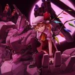  1girl album_cover armored_core ascot black_legwear blonde_hair boots cover cross-laced_footwear dress flandre_scarlet full_moon hat hat_ribbon kurione_(zassou) mecha mob_cap moon puffy_short_sleeves puffy_sleeves red_dress red_eyes ribbon shirt short_sleeves side_ponytail sitting smile solo thigh-highs touhou wings wrist_cuffs zettai_ryouiki 