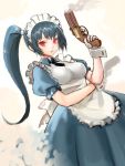  1girl black_hair breasts covered_nipples earrings gloves gun highres hiro1984 holding_gun holding_weapon jewelry looking_at_viewer maid maid_headdress original ponytail red_eyes simple_background smoke smoking_gun solo weapon white_background white_gloves wrist_cuffs 