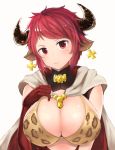  1girl animal_ears breasts cape cleavage cow_ears cross_earrings earrings elbow_gloves gloves granblue_fantasy horns jewelry large_breasts looking_at_viewer moshoko_(mizuneroku) red_eyes red_gloves redhead short_hair solo strum_(granblue_fantasy) 