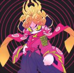  1boy armor dj_takowasa green_sclera hakama hand_on_hip helmet japanese_armor japanese_clothes kabuto kimono male_focus octarian purple_hair scarf simple_background sizma solo splatoon tentacle_hair violet_eyes 