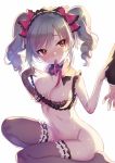  1girl bikini blush breasts cleavage drill_hair gloves idolmaster idolmaster_cinderella_girls kanzaki_ranko long_hair manle mouth_hold no_panties red_eyes silver_hair solo_focus swimsuit thigh-highs twin_drills twintails 