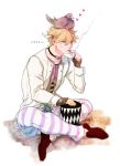  1boy animal_on_head bird bird_on_head blonde_hair caesar_anthonio_zeppeli cigarette facial_mark feathers hair_feathers hat heart indian_style jojo_no_kimyou_na_bouken koeri pigeon sitting solo top_hat 