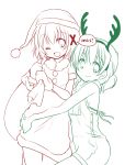  2girls blush christmas hat hidamari_sketch hug looking_at_viewer miyako monochrome multiple_girls one_eye_closed quro_(black_river) santa_hat short_hair simple_background sketch smile white_background yuno 