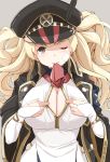  1girl blonde_hair blush breasts center_opening cleavage granblue_fantasy grey_eyes hat kichi8 large_breasts long_hair looking_at_viewer monica_(granblue_fantasy) mouth_hold one_eye_closed peaked_cap solo twintails wide_sleeves 