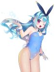  1girl ;d animal_ears bare_shoulders blue_hair blush bunny_girl bunny_tail bunnysuit covered_navel detached_collar fishnet_pantyhose fishnets hair_intakes hair_ornament highres kashiwamochi_yomogi long_hair looking_at_viewer mogami_yoshiaki_(sengoku_collection) one_eye_closed open_mouth pantyhose rabbit_ears red_eyes ribbon sengoku_collection simple_background small_breasts smile solo tail very_long_hair white_background wrist_cuffs 