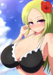  1girl bare_shoulders blonde_hair breasts flower gradient gradient_background hair_flower hair_ornament highres huge_breasts long_hair looking_at_viewer mole pink_eyes ponpo senran_kagura senran_kagura_(series) shiki_(senran_kagura) smile solo violet_eyes 