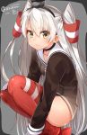  1girl amatsukaze_(kantai_collection) blush brown_eyes garter_straps gloves hair_tubes isshiki_(ffmania7) kantai_collection long_hair sailor_dress silver_hair solo squatting striped thigh-highs two_side_up 