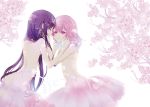  2girls akemi_homura alternate_hairstyle backlighting bare_back branch cherry_blossoms closed_eyes couple cover cover_page doujin_cover flower from_behind hair_down hands_on_another&#039;s_face kaname_madoka long_hair mahou_shoujo_madoka_magica multiple_girls petticoat pink_eyes pink_skirt purple_hair ribbon short_hair skirt smile suchara topless touching very_long_hair white_background white_ribbon yuri 