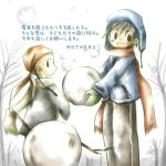  2boys bandana coat hairband hut lowres mother_(game) mother_2 multiple_boys ness poo snow snowman winter winter_clothes winter_coat 