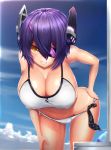  1girl artist_request beach bikini breasts eyepatch headgear highres huge_breasts kantai_collection purple_hair short_hair solo swimsuit tenryuu_(kantai_collection) white_bikini white_swimsuit yellow_eyes 