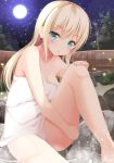  1girl aqua_eyes bare_legs barefoot blonde_hair blush breasts cleavage full_moon highres long_hair looking_at_viewer moon naked_towel night night_sky onsen open_mouth original pen-zin sitting sky solo star_(sky) starry_sky thighs towel 