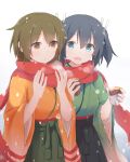  2girls blue_eyes blue_hair brown_eyes brown_hair commentary_request food hair_ribbon highres hiryuu_(kantai_collection) japanese_clothes kantai_collection long_sleeves multiple_girls plhsxf red_scarf ribbon scarf shared_scarf short_hair souryuu_(kantai_collection) sweet_potato twintails white_ribbon wide_sleeves 