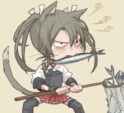  1girl angry animal_ears black_legwear blush cat_ears cat_tail commentary fangs fish fish_in_mouth fishing_net food_in_mouth kantai_collection kemonomimi_mode net ree_(re-19) sardine skirt sleeves_rolled_up solo tail thigh-highs twintails whiskers zuikaku_(kantai_collection) 