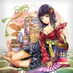  1girl alcohol bare_shoulders barefoot black_hair bottle breasts bucket cleavage collarbone fan hair_ornament holding hourainingyou japanese_clothes kimono long_hair looking_at_viewer lying obi off_shoulder on_floor on_side original paper_fan sakazuki sake sake_bottle sash smile solo toes violet_eyes 