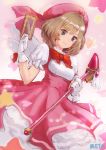  1girl blue_eyes brown_hair card cardcaptor_sakura cosplay dress fuuin_no_tsue gloves green_eyes idolmaster idolmaster_cinderella_girls kinomoto_sakura kinomoto_sakura_(cosplay) looking_at_viewer meto31 mole mole_under_eye smile solo takagaki_kaede wand white_gloves 