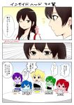  2girls akagi_(kantai_collection) alternate_color anger_(inside_out) blonde_hair blue_hair brown_eyes brown_hair chibi comic crossover disgust_(inside_out) fear_(inside_out) green_hair inside_out japanese_clothes joy_(inside_out) kaga_(kantai_collection) kaga_(kantai_collection)_(cosplay) kantai_collection kuro_abamu long_hair multiple_girls muneate one_eye_closed pixar purple_hair redhead sadness_(inside_out) signature simple_background smile translation_request 