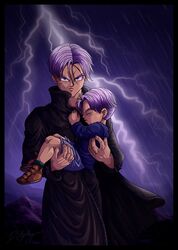  2boys artist_request blue_eyes dragon_ball dragon_ball_z dual_persona lighting lightning looking_at_viewer multiple_boys purple_hair rain sleeping time_paradox trunks_(dragon_ball) 