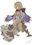  1girl assassin_(granblue_fantasy) blonde_hair breasts brown_eyes cancer_(zjcconan) cape cleavage dress gita_(granblue_fantasy) granblue_fantasy short_hair simple_background solo white_background 