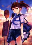  1girl absurdres alternate_costume bag blush brown_eyes brown_hair clouds duffel_bag goto_p highres kaga_(kantai_collection) kantai_collection outdoors parted_lips pleated_skirt scan school_bag school_uniform serafuku shirt side_ponytail signpost skirt solo weapon_bag wind 