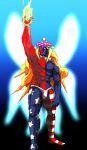  1boy abs american_flag_legwear arm_up armpits blue_skin bulge clownpiece clownpiece_(cosplay) cosplay detached_collar fire forehead_jewel frilled_collar full_body gill green_eyes hat highres jester_cap long_hair male_focus manly mismatched_legwear muscle omi_(a-m-suit) pantyhose pectorals red_skin shirtless solo standing street_fighter street_fighter_iii thong touhou two-tone_skin what 