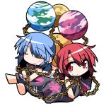  3girls baby blonde_hair blue_hair blush chain clothes_writing collar diaper earth_(ornament) floating_object gold_chain hecatia_lapislazuli hemogurobin_a1c looking_at_viewer moon_(ornament) multiple_girls multiple_persona open_mouth red_eyes redhead saliva sitting sleeping smile touhou transparent_background 