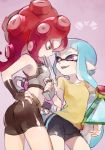  2girls ass bike_shorts blue_hair breasts domino_mask eyebrows fingerless_gloves gloves green_eyes gun gun_to_head hand_on_hip height_difference holding_weapon inkling long_hair mask mask_removed midriff multiple_girls octarian pink_eyes pointy_ears redhead soto splatoon takozonesu tentacle_hair thick_eyebrows weapon 