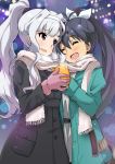  2girls black_hair coat fang ganaha_hibiki gloves hairband highres idolmaster long_hair multiple_girls ponytail scarf shared_scarf shijou_takane silver_hair smile violet_eyes yumekaranigeruna 