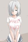  1girl blue_eyes breast_squeeze breasts clothes_writing english hair_ornament hair_over_one_eye hairclip hamakaze_(kantai_collection) kantai_collection kichi8 large_breasts looking_away pleated_skirt shirt_tug signature silver_hair skirt solo t-shirt tears 