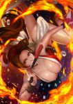  1girl ass breasts brown_eyes brown_hair dripping fan fatal_fury fire flying_sweatdrops large_breasts long_hair magion02 mouth_hold ponytail shiranui_mai solo sweat sweating sweating_profusely the_king_of_fighters thighs wet 