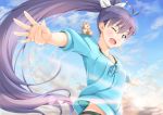  1girl black_hair blue_eyes blush clouds earrings fang ganaha_hibiki hair_ribbon hoop_earrings idolmaster jewelry lens_flare long_hair looking_at_viewer miri_(ago550421) one_eye_closed open_mouth outstretched_arms ponytail ribbon sky sparkle spread_arms very_long_hair 