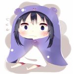  1girl blush chibi doma_umaru doma_umaru_(cosplay) flying_sweatdrops furrowed_eyebrows hamster_costume himouto!_umaru-chan hood long_hair motoba_kirie ponytail purple_hair simple_background sitting solo violet_eyes wavy_mouth white_background 