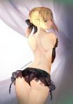 1girl ass astarone bare_back bare_shoulders black_gloves blonde_hair bow braid elbow_gloves fate/stay_night fate_(series) female_ass frills garter_belt gloves hair_bow lingerie looking_back panties saber saber_alter solo topless underwear yellow_eyes