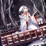  1girl amatsukiryoyu blue_eyes blue_hair dutch_angle hatsune_miku japanese_clothes kimono night sitting snow snowflakes snowing solo tree uchikake vocaloid yuki_miku 