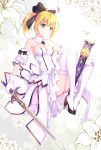  1girl black_ribbon breasts caliburn cleavage detached_sleeves dress fate/stay_night fate_(series) flower green_eyes hair_ribbon high_heels highres holding_sword holding_weapon ponytail ribbon saber saber_lily scabbard sheath smile solo sword thigh-highs weapon white_legwear z_shichao 