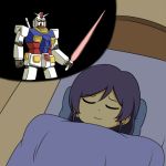  1girl bed comic dreaming energy_sword gundam love_live!_school_idol_project lowres mecha mobile_suit_gundam purple_hair rx-78-2 shiitake_nabe_tsukami sleeping sword toujou_nozomi weapon 