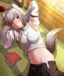  1girl animal_ears blush book breasts chikinman detached_sleeves groin hat inubashiri_momiji looking_at_viewer lying midriff navel on_side pom_pom_(clothes) red_eyes short_hair silver_hair skirt smile solo tail tatami tokin_hat touhou wolf_ears wolf_tail 