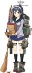  1girl bag banner black_hair breasts broom brown_eyes cardigan drew_(drew213g) hairband kantai_collection official_art open_cardigan open_clothes paper_bag remodel_(kantai_collection) solo ushio_(kantai_collection) 