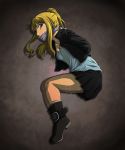  1girl bdsm belt blonde_hair blue_eyes bondage breasts cleavage cloth_gag fullmetal_alchemist gag gagged highres improvised_gag over_the_mouth_gag solo sweat winry_rockbell 