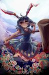  1girl ahoge animal_ears blood blood_stain blue_hair dress ear_clip flower highres kine looking_at_viewer mallet pointing pointing_at_self rabbit_ears red_eyes seiran_(touhou) short_sleeves smile solo tamago_tyoko_(ijen0703) touhou 