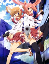  2girls :d absurdres ahoge black_legwear blonde_hair bow clouds fang gun hair_ornament hairclip handgun heart_hair_ornament hidan_no_aria highres kanzaki_h_aria leg_up legs looking_back m1911 mamiya_akari multiple_girls navel no_socks official_art open_mouth pistol red_eyes redhead school_uniform serafuku shoes sky smile sneakers thigh-highs twintails weapon zettai_ryouiki 