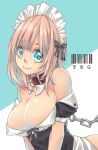 1girl arched_back barcode blue_eyes borrowed_character bow breasts chain cleavage closed_mouth collar eyelashes hair_bow heart heart-shaped_pupils highres looking_at_viewer maid maid_headdress off_shoulder original pink_hair puffy_short_sleeves puffy_sleeves roy_(pixiv992911) short_hair short_sleeves smile solo symbol-shaped_pupils takagi_(tansuke) text upper_body 