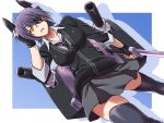 1girl black_legwear breasts collarbone eyepatch gloves hand_on_head headgear highres iga_tomoteru kantai_collection large_breasts looking_at_viewer necktie open_mouth partly_fingerless_gloves purple_hair school_uniform short_hair solo sword tenryuu_(kantai_collection) thigh-highs weapon yellow_eyes 