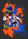  1boy 1girl bike_shorts domino_mask inkling long_hair mahito_(tranjistor) mask open_mouth orange_hair pointy_ears shoes splatoon super_soaker tentacle_hair 