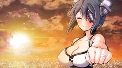  1girl bikini blush breasts cleavage closed_eyes collarbone covered_nipples eyepatch grin happy headgear highres jewelry kantai_collection large_breasts nature ocean purple_hair ring short_hair smile solo swimsuit tenryuu_(kantai_collection) wedding_band yuzuki_ryouta 