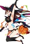  1girl arm_up armpits black_gloves black_legwear black_wings blush bra brown_hair full_body garter_straps gloves halloween halloween_costume hat jack-o&#039;-lantern jpeg_artifacts long_hair majo_to_hyakkihei midriff navel open_mouth panties red_eyes reiuji_utsuho shoes smile solo tetsurou_(fe+) thigh-highs third_eye touhou underwear white_background wings witch_hat 