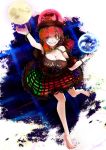  1girl absurdres bare_shoulders barefoot breasts chain cleavage clothes_writing earth_(ornament) grin hat hecatia_lapislazuli highres lace-trimmed_skirt large_breasts moon_(ornament) nail_polish plaid plaid_skirt red_eyes redhead skirt smile solo touhou zetamanas_atman 