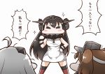  3girls ahoge alternate_costume bare_shoulders black_hair brown_eyes brown_hair closed_eyes cosplay dress hat horns kantai_collection long_hair mittens multiple_girls nagato_(kantai_collection) northern_ocean_hime northern_ocean_hime_(cosplay) pale_skin ryuujou_(kantai_collection) shinkaisei-kan sleeveless sleeveless_dress tanaka_kusao translated visor_cap white_dress white_hair white_skin 