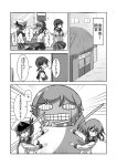  3girls comic commentary female_admiral_(kantai_collection) folded_ponytail hair_ornament hairclip hat ikazuchi_(kantai_collection) inazuma_(kantai_collection) kantai_collection mamiya_(kantai_collection) meitoro monochrome multiple_girls nanodesu_(phrase) neckerchief peaked_cap pleated_skirt robot school_uniform serafuku shirayuki_(kantai_collection) short_hair short_twintails skirt translated twintails 